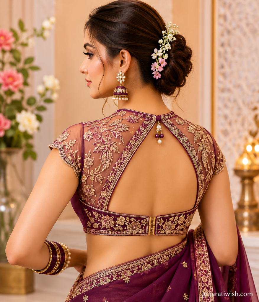 Modern blouse back design with strings and hooks images