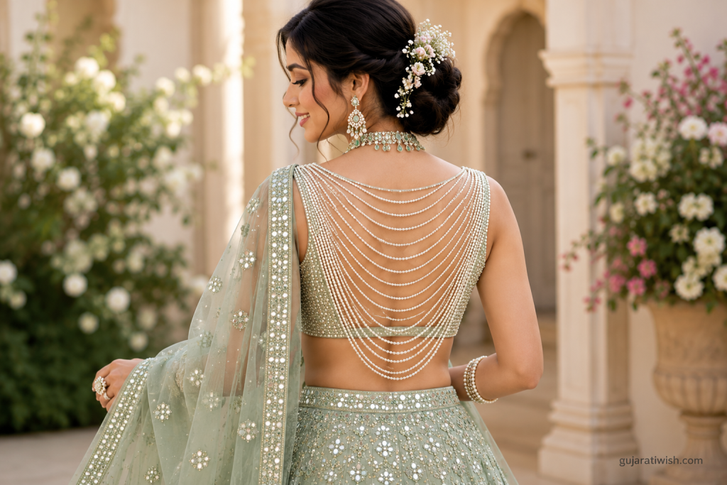 Pearl String blouse Back Design for bride